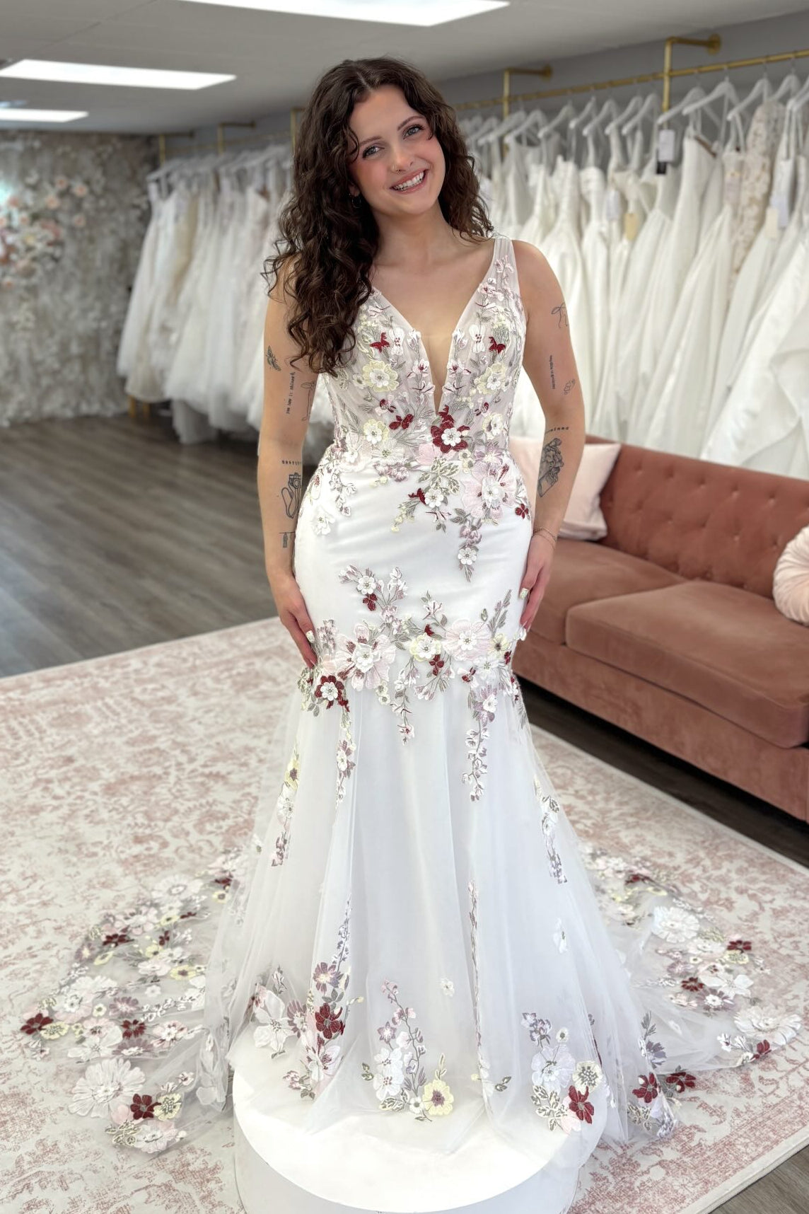 3D Floral Applique Mermaid Wedding Dress with Train