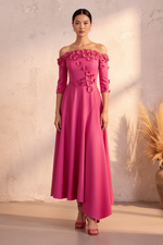 Off-Shoulder 3D Floral Asymmetrical Midi Dress