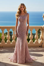 Embellished Lace Trumpet Gown with Cap Sleeves