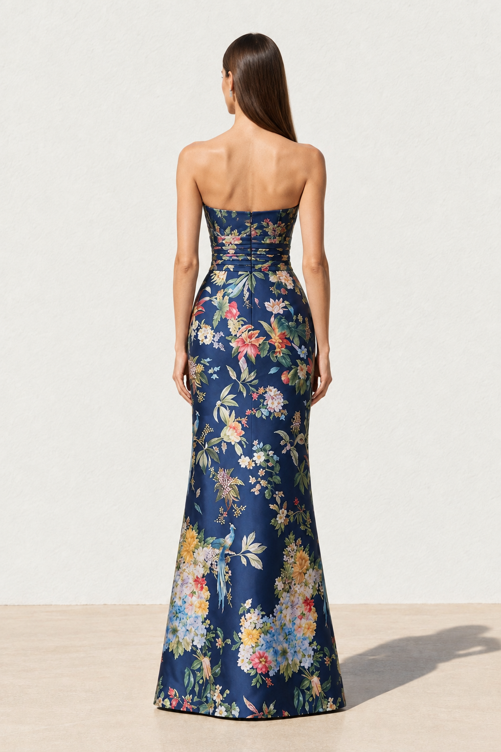 Strapless Floral Print Pleated Maxi Gown