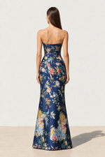 Strapless Floral Print Pleated Maxi Gown