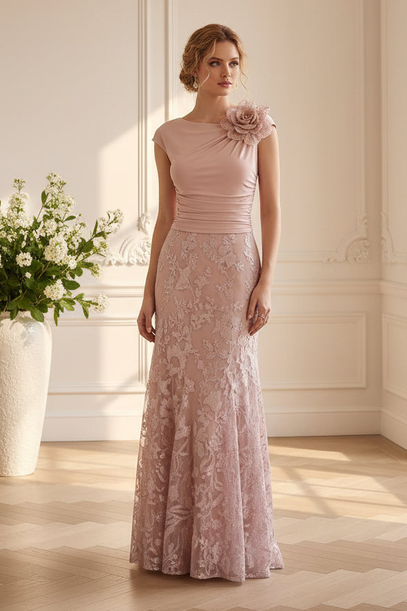 Ruched Lace Trumpet Gown with 3D Flower