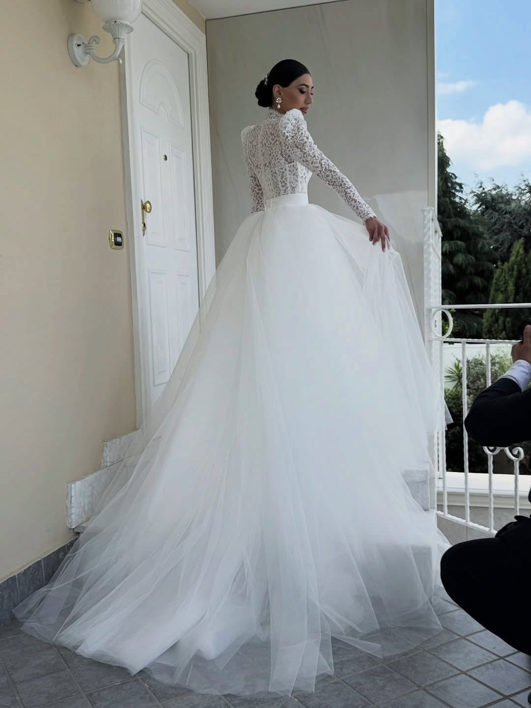 High Neck Lace Mermaid Wedding Dress with Detachable Train