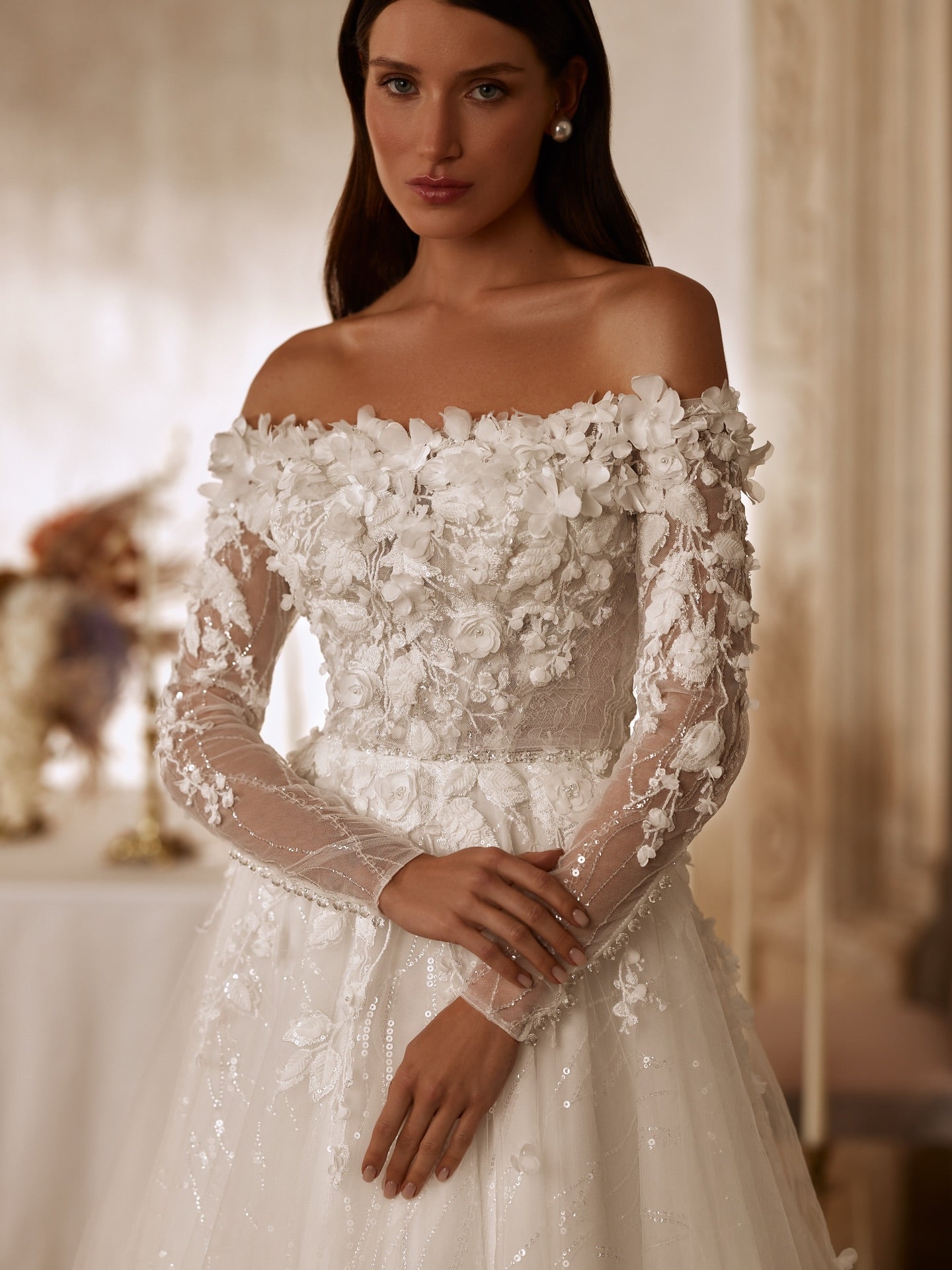 Off-Shoulder Floral Applique Tulle Wedding Gown