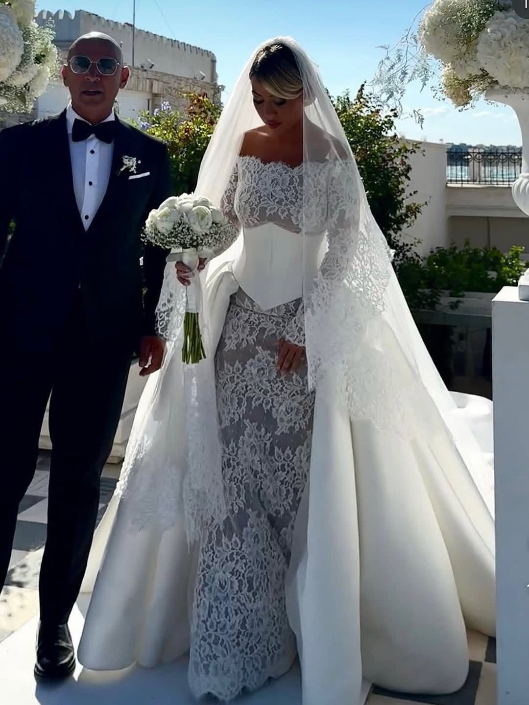 Off-the-Shoulder Lace Wedding Dress with Satin Overskirt