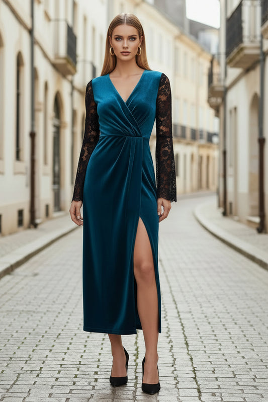 Velvet Midi Dress with Lace Bell Sleeves