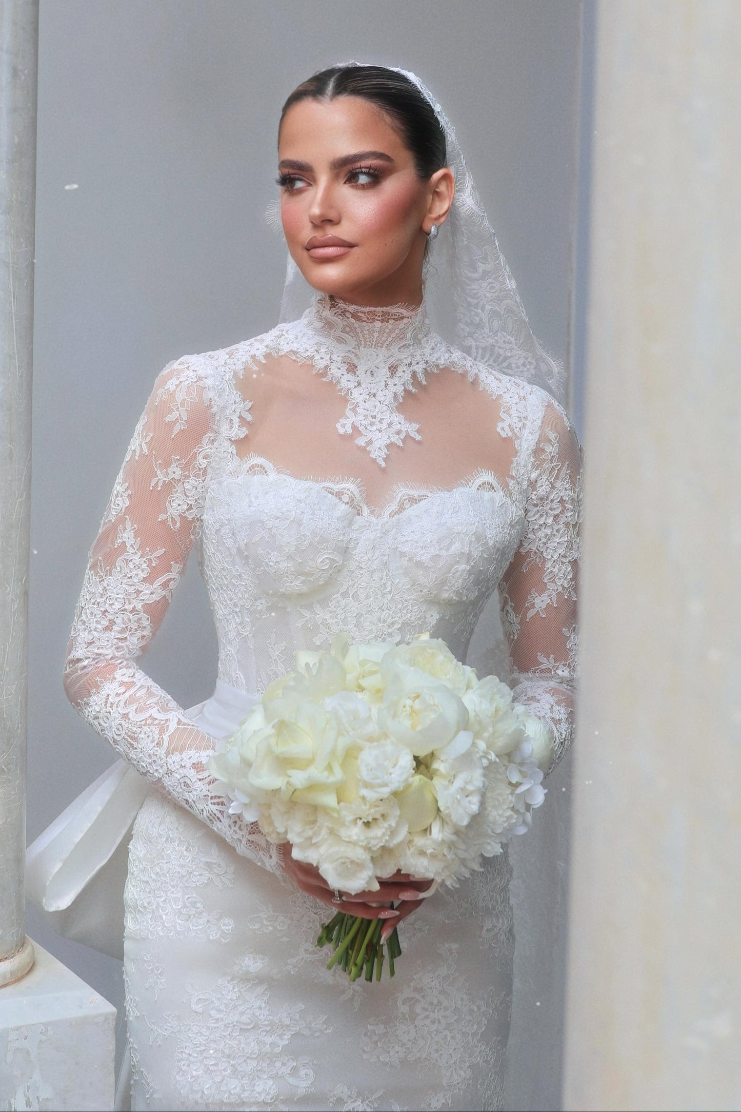 High Neck Illusion Lace Long Sleeve Bridal Gown