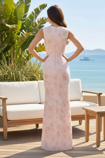 Floral Jacquard Keyhole Neck Evening Gown with Slit