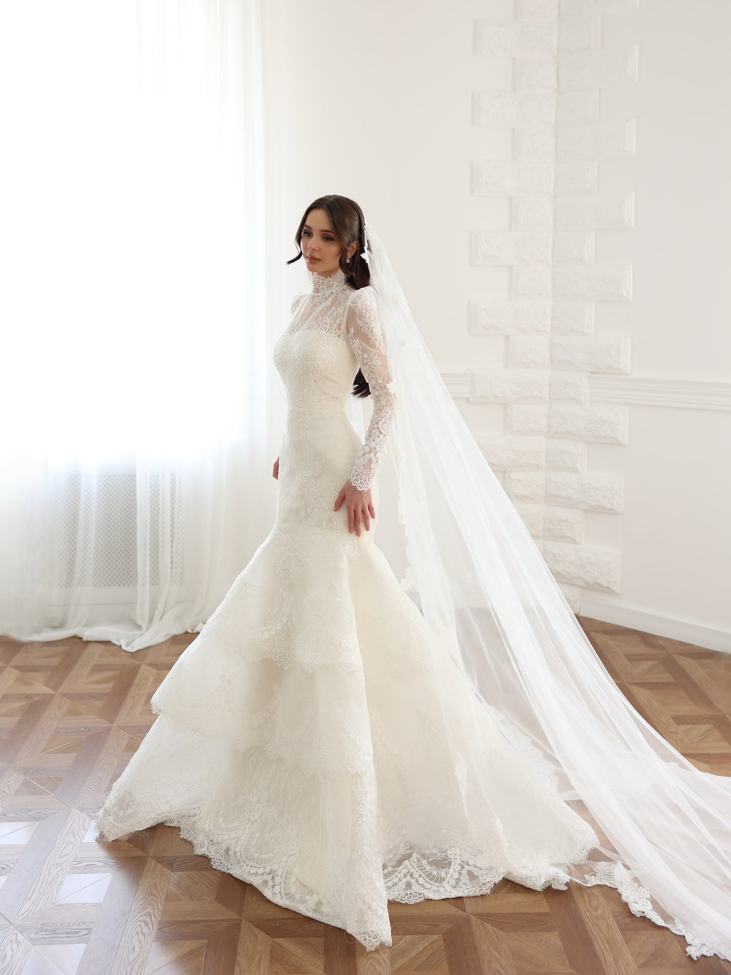 High Neck Lace Mermaid Wedding Dress with Tiered Skirt