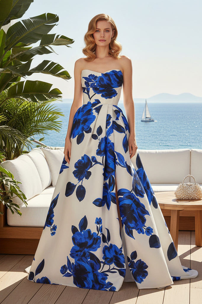 Strapless Floral Print Ball Gown with Front Slit