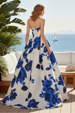 Strapless Floral Print Ball Gown with Front Slit