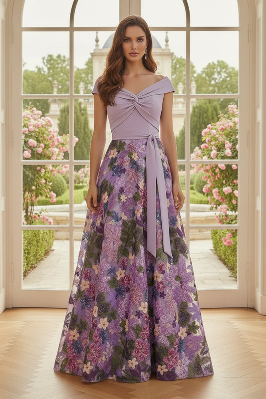 Off-the-Shoulder Floral Embroidery A-Line Gown