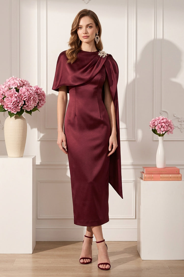 Asymmetric Cape Satin Midi Sheath Dress