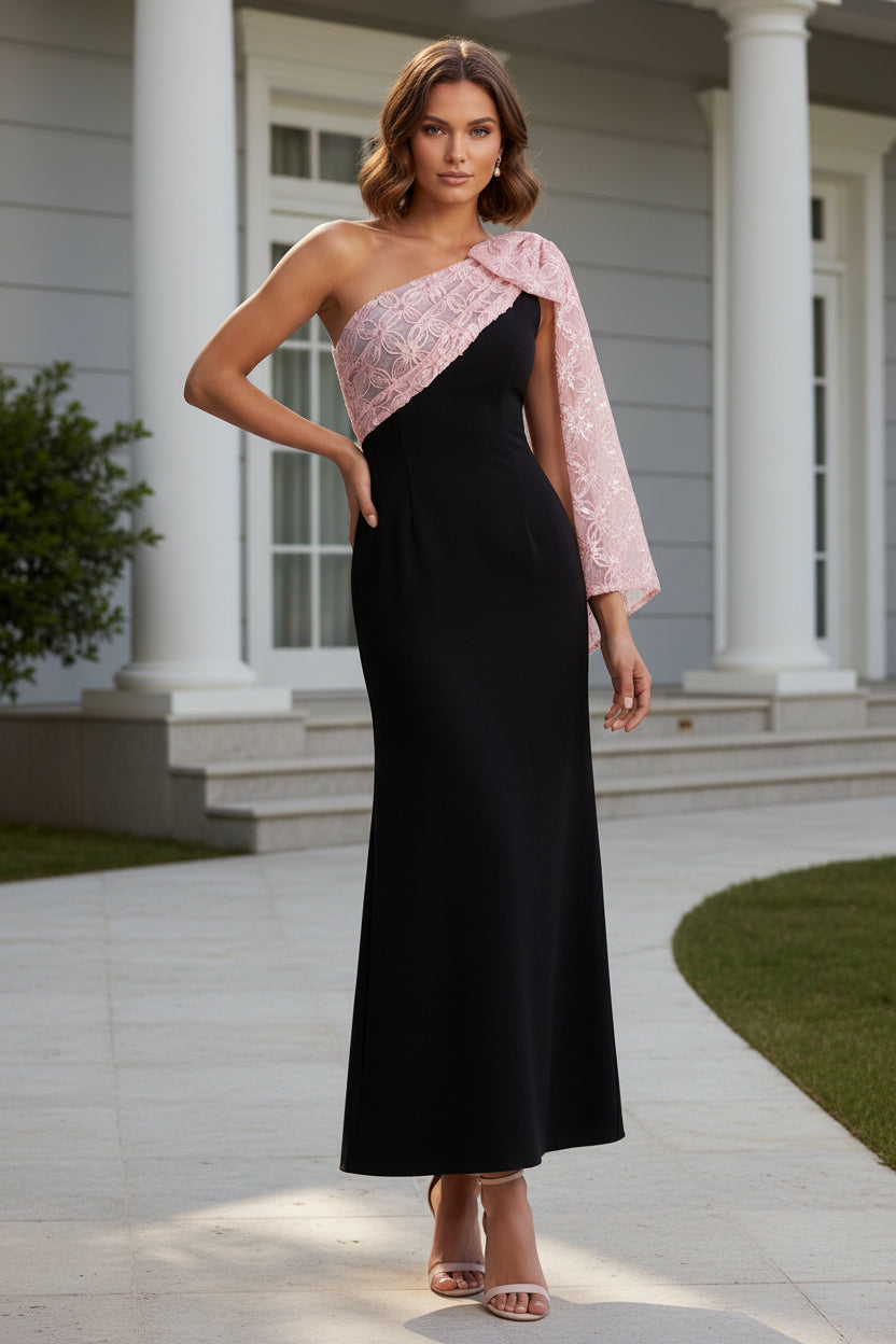 One-Shoulder Column Gown with Sequined Cape