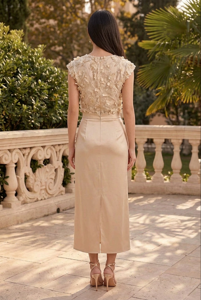 3D Floral Applique Midi Dress with Slit
