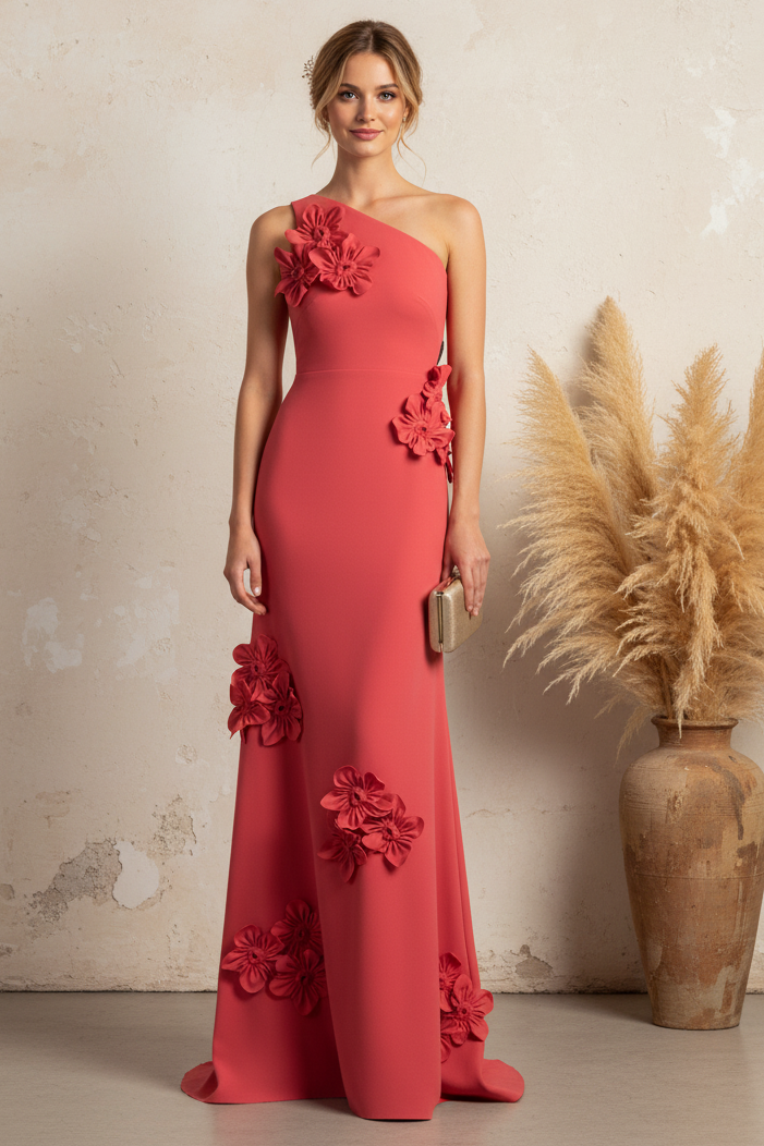 One Shoulder 3D Floral Applique Evening Gown
