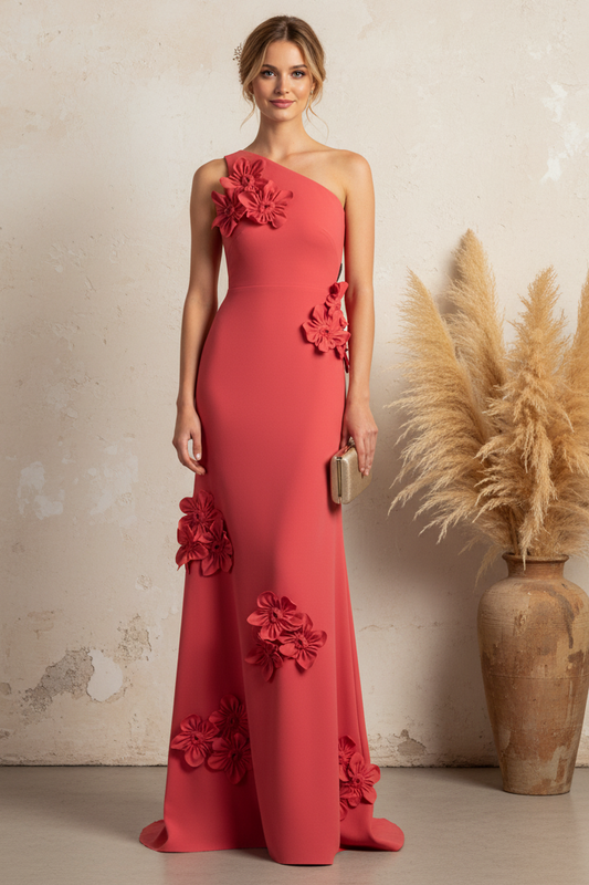 One Shoulder 3D Floral Applique Evening Gown