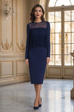 Pleated Fringe Overlay Midi Sheath Dress