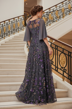 Floral Sequin Illusion Maxi Dress with Cape Sleeves