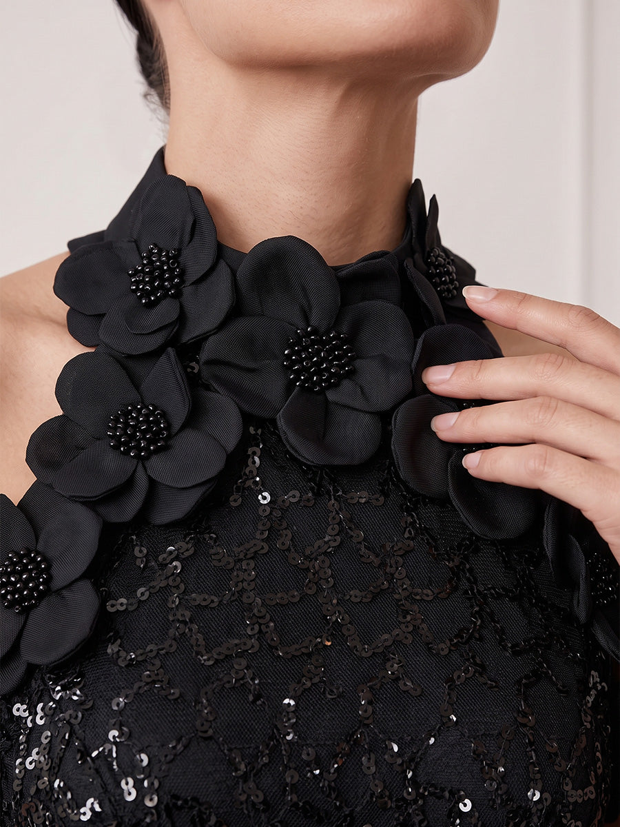 Floral Applique Sequin Halter Midi Dress