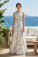 Pearl-Trimmed Floral Jacquard A-Line Evening Gown