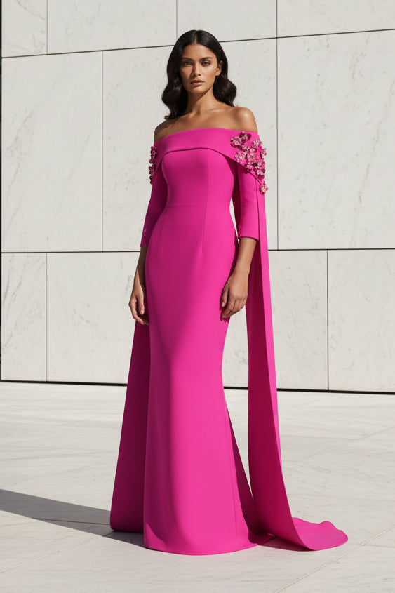 Off-the-Shoulder Crepe Gown with 3D Floral Cape