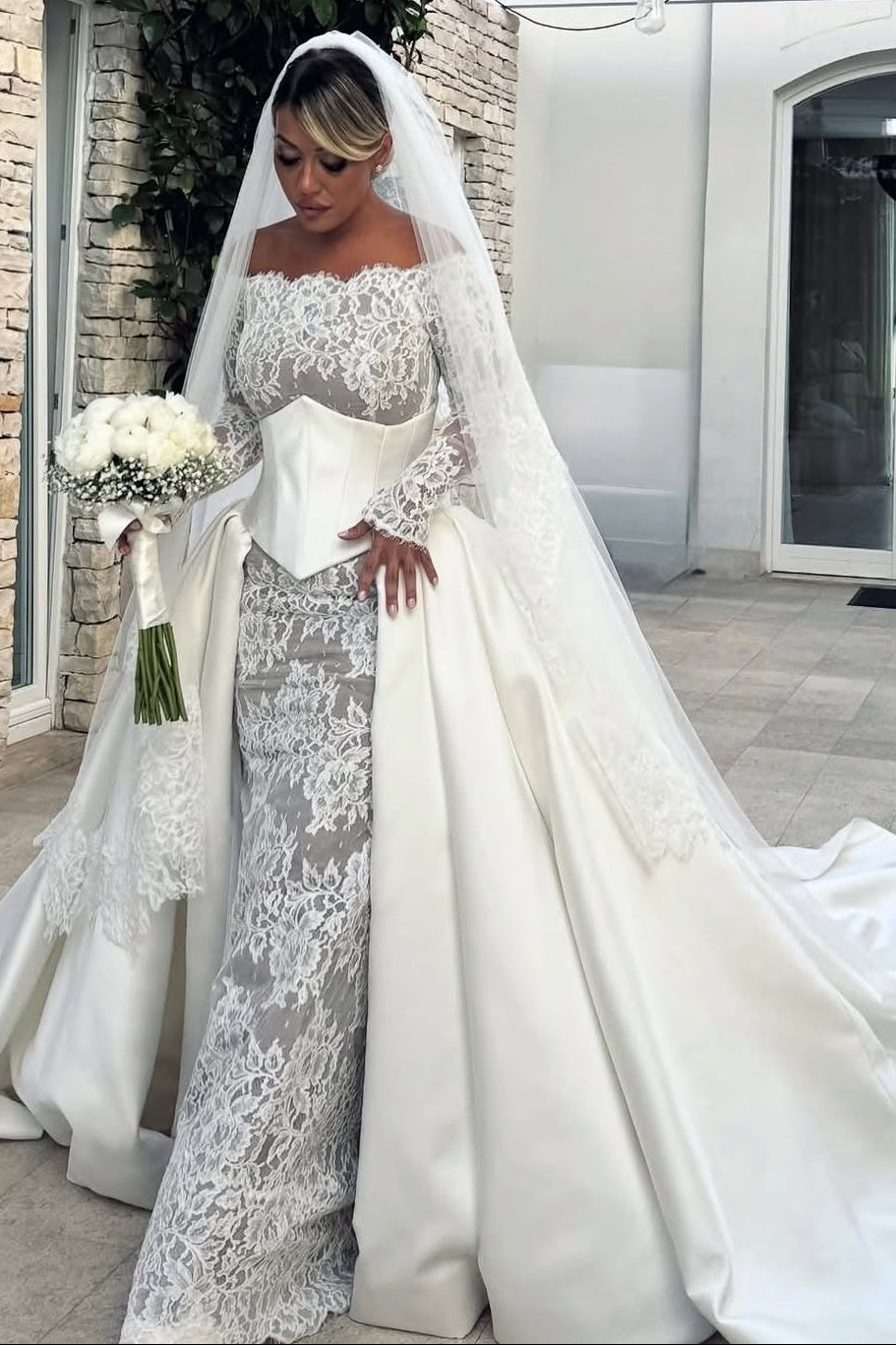 Off-the-Shoulder Lace Wedding Dress with Satin Overskirt