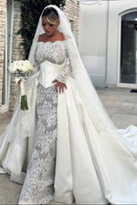 Off-the-Shoulder Lace Wedding Dress with Satin Overskirt