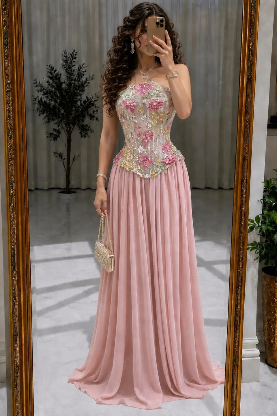 Strapless Corset A-Line Gown with 3D Flowers
