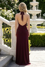 Halter Cowl Neck Embellished Maxi Gown