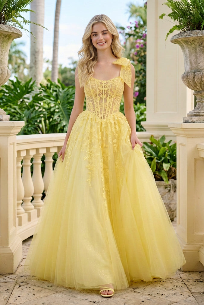 Corset Lace Ball Gown with Tie Shoulder Straps