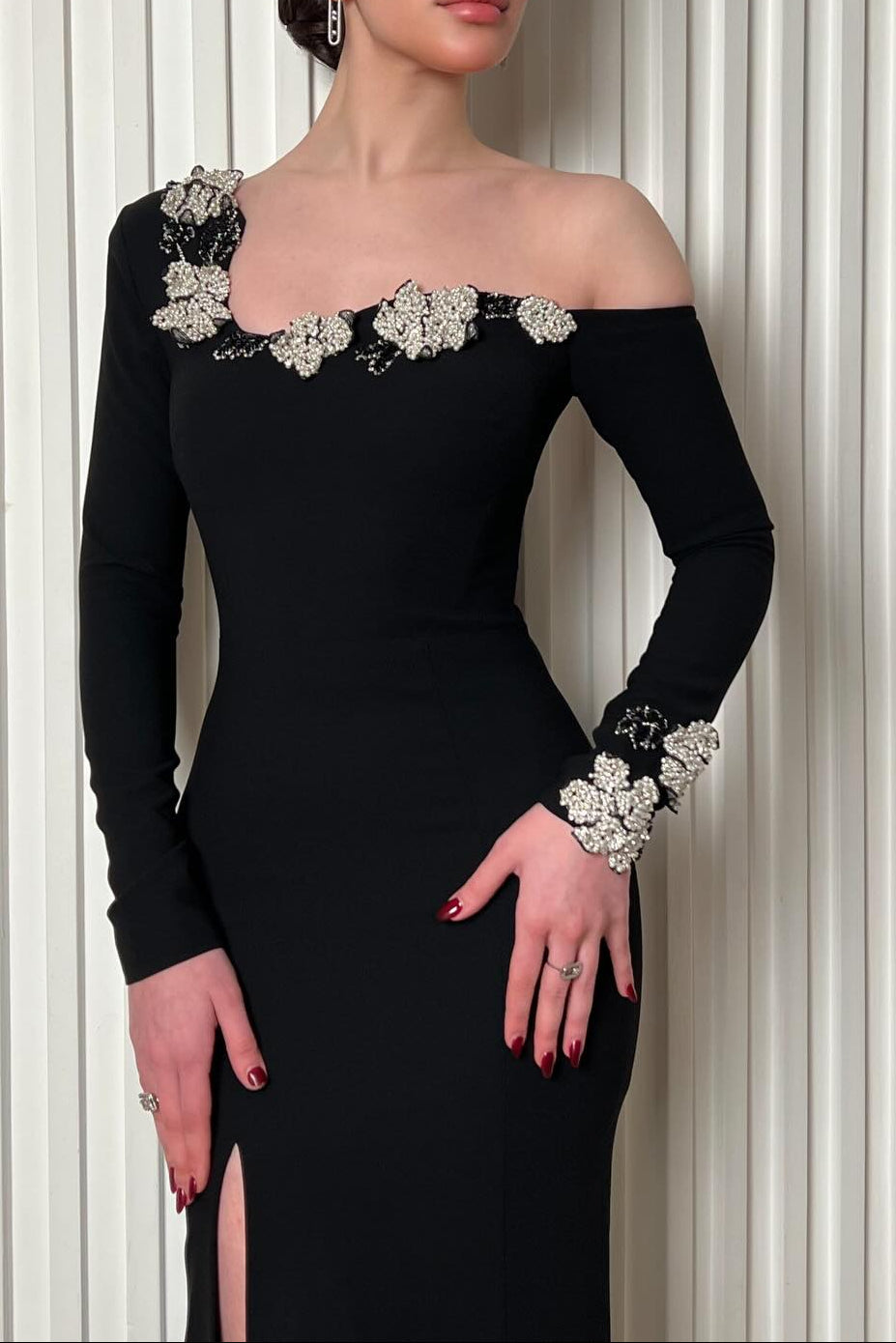 Asymmetrical Floral Embellished Mermaid Gown