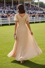 Pleated A-Line Gown with Puff Sleeves and Feather Applique
