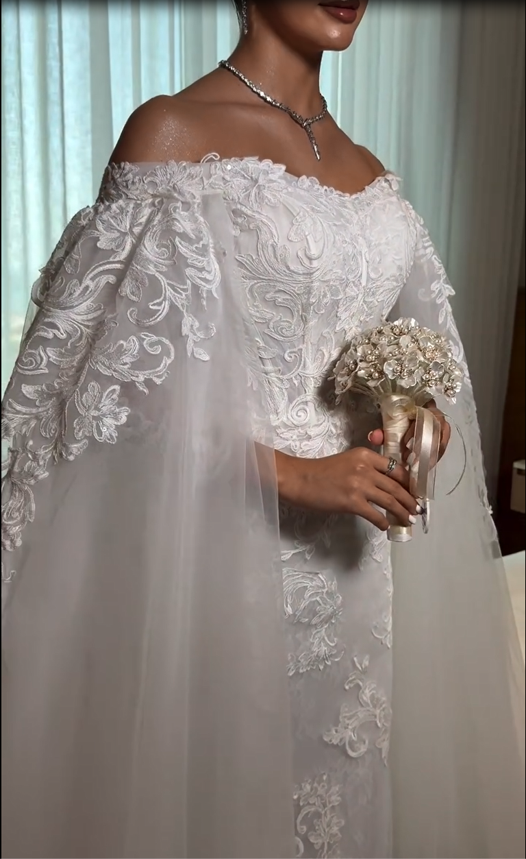 Lace Applique Off-the-Shoulder Cape Wedding Dress