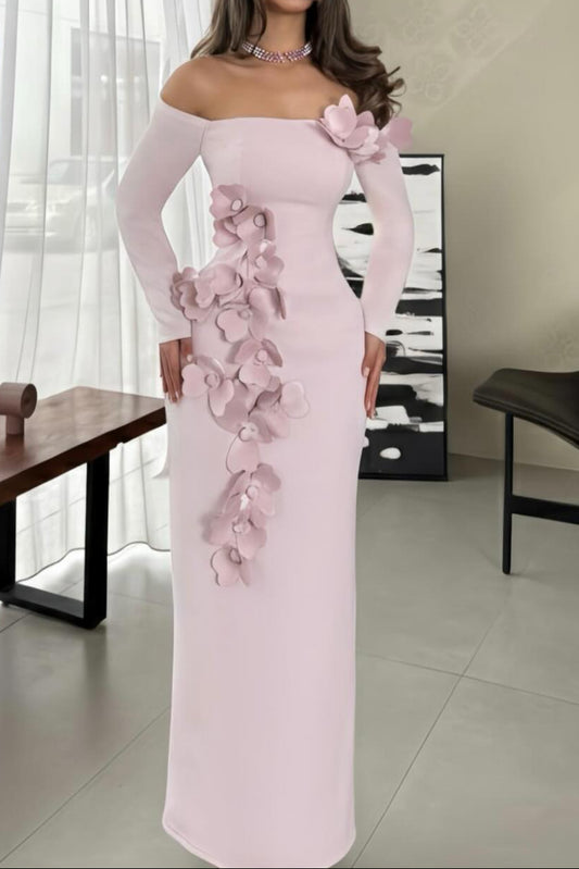 Off-Shoulder 3D Floral Column Gown