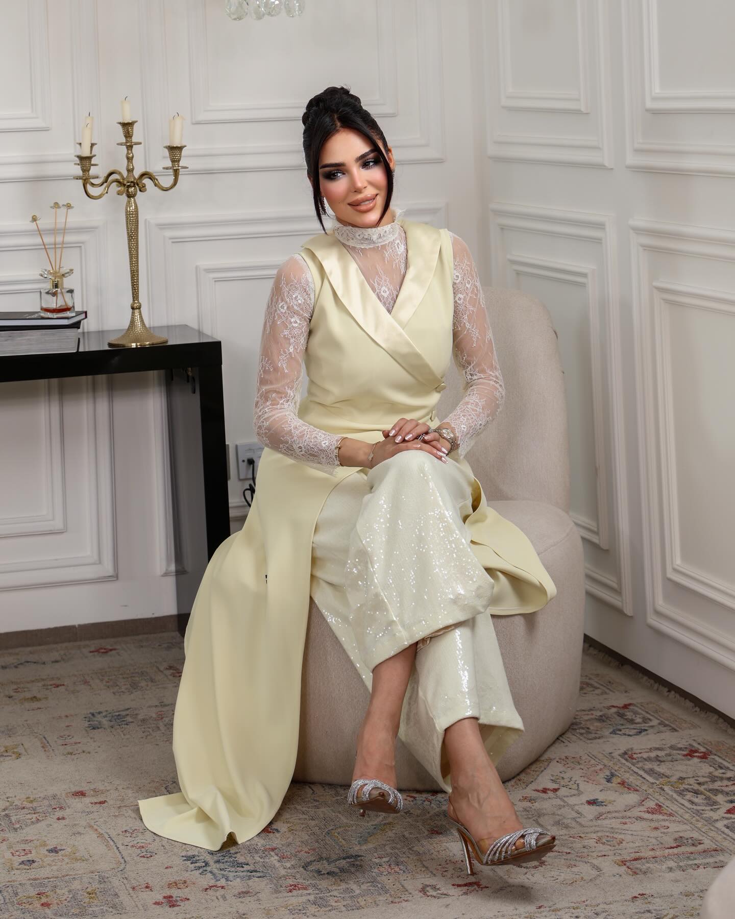 Elegant Lace and Sequin Two-Piece Pantsuit with Vest