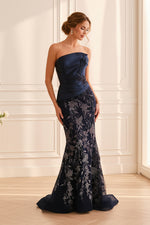Strapless Folded Bodice Embroidered Trumpet Gown