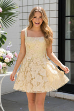 3D Floral Applique Square-Neck Mini Dress