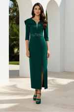 Asymmetrical Ruffle Crepe Sheath Dress with 3/4 Sleeves