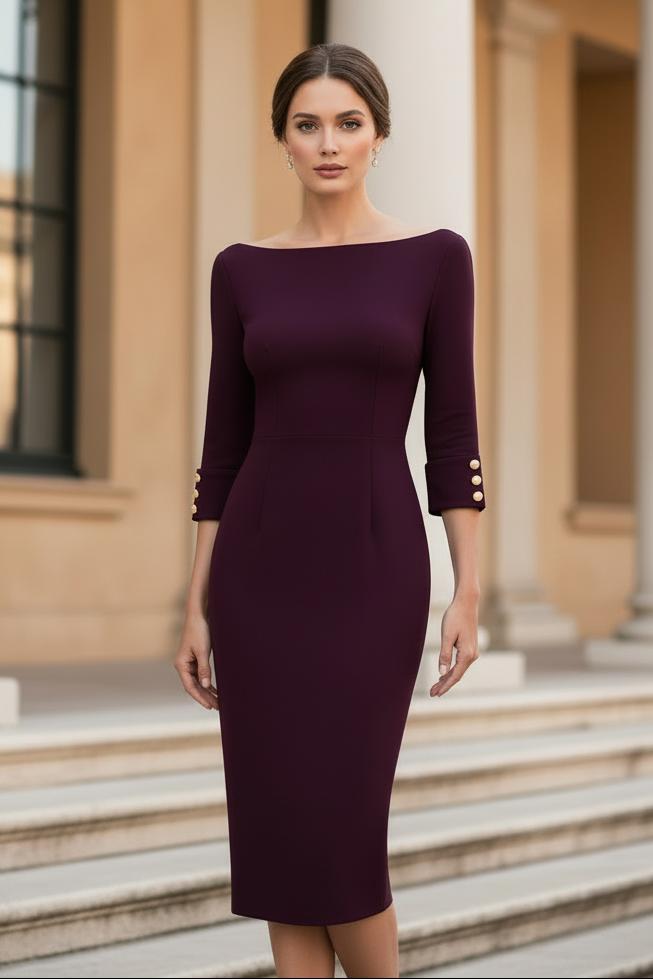 Bateau Neck Midi Sheath Dress with Button Cuffs