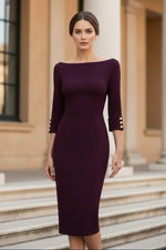Bateau Neck Midi Sheath Dress with Button Cuffs