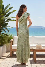 One-Shoulder Satin and Sequin High-Low Dress