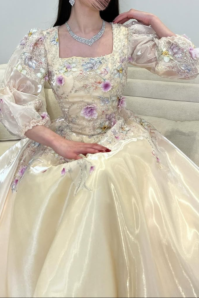 Floral Applique Puff Sleeve A-Line Gown