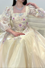 Floral Applique Puff Sleeve A-Line Gown