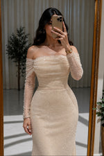 Off Shoulder Beaded Mermaid Evening Gown