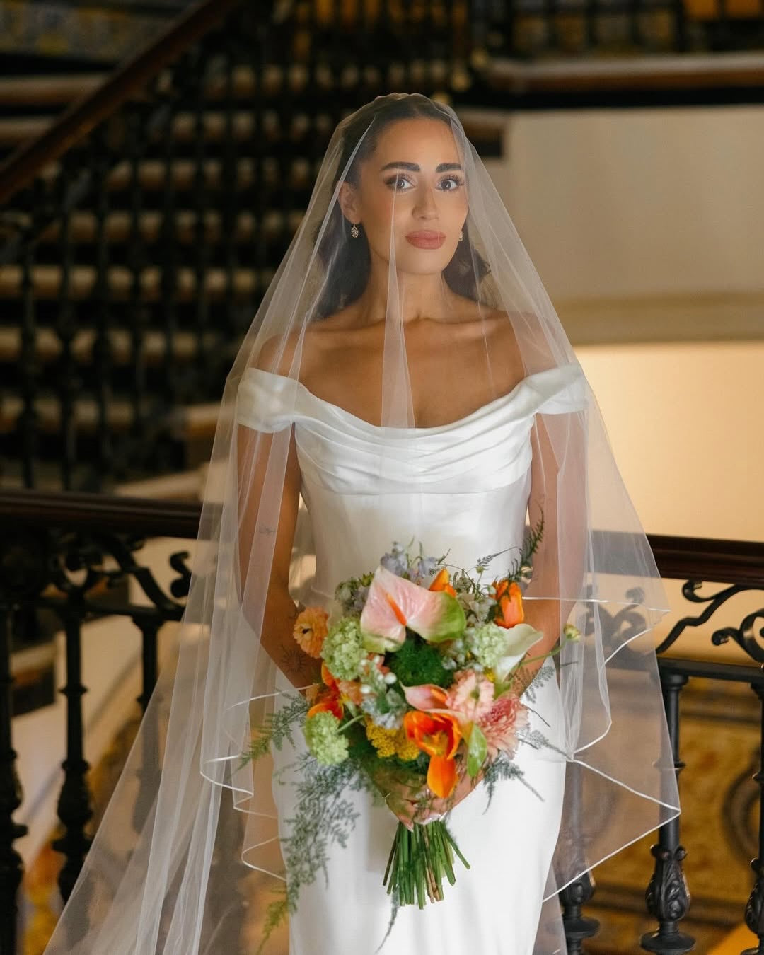 Off-the-Shoulder Cowl Neck Satin Wedding Dress