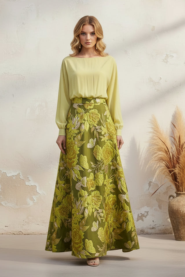 Elegant Chiffon and Floral Jacquard Two-Piece Maxi Dress