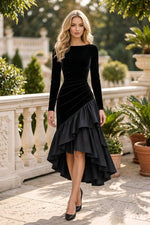 Velvet Asymmetric Tiered Ruffle High-Low Dress