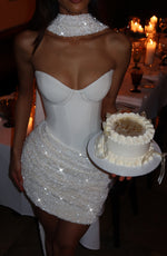 Strapless Corset Mini Dress with Sequined Drape