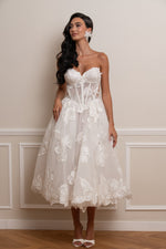 Strapless Corset A-Line Floral Lace Tea-Length Dress